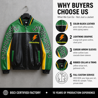 Blouson Bomber Personnalisé en Cuir PU Vert, Noir et Jaune, 420 g/m², Col Côtelé, Imprimé Flèche de Course pour Marques et Fabricants OEM