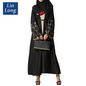 Terbaru Desain Baru Pakaian Kardigan Bordir Islami Mode Kimono Terbuka Depan Gaya Arab Dubai Muslim Abaya