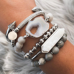 Stainless Steel Zircon Rivet,Natural Druzy Cuff <strong>Bracelet</strong>,Riverstone With Geode Agate Slice Charm <strong>Stacked</strong> <strong>Bracelet</strong> Set for Women - Product Image 4