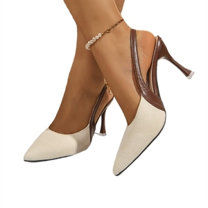 Sandalias de Tacón de Aguja con Punta Francesa y Tira Trasera al por Mayor |   Vestido Elegante Retro con Bloques de Color en Dos Tonos y Correa de Tobillo con Perlas - Product Image 4