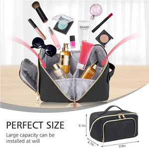 Bolsa de cosméticos trenzada de cuero resistente al agua, cierre de cremallera, tejido portátil, viaje de cuero para neceser, estuche de maquillaje plano - Product Image 4