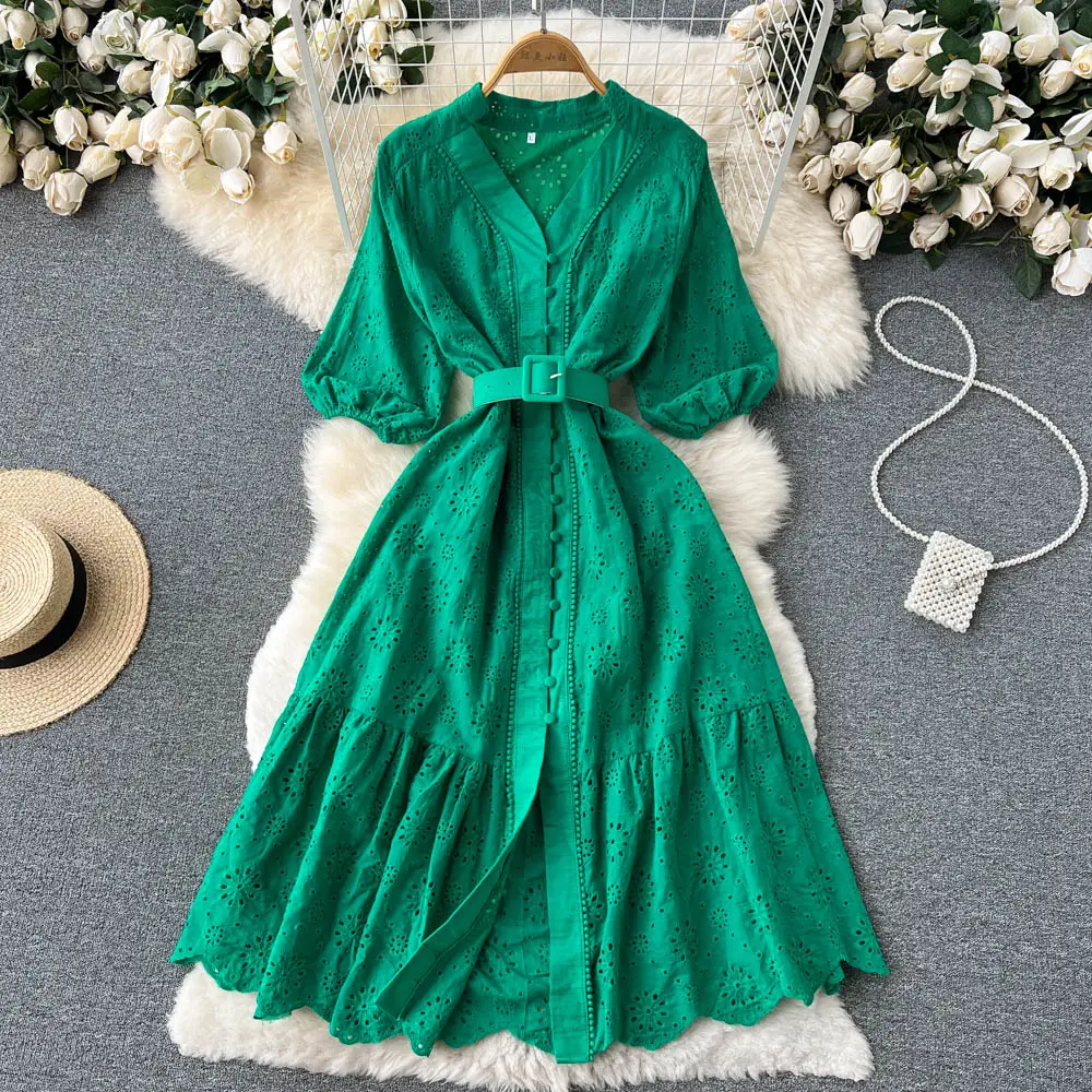 Short Sleeve O-Neck Solid A-Line Dress Summer Ruffles Midi Dress Ladies Casual Dress Clothes Women Wholesale