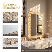 Luxury Art Deco Crystal LED Copper-Free Eco-Silver Heavy-Duty Tabletop Vanity Makeup Mirror Smart Touch Dimming Diamond Frame
