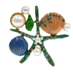 Broche de estrella de mar esmaltado con concha de Caracol de perla de cristal, joyería de ropa inicial a la moda al por mayor, venta al por mayor de 2017 - Product Image 2