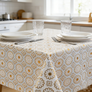<span class=keywords><strong>Tovaglia</strong></span> e Runner in PVC con Stampa Margherite, Design Jacquard a Motivo Continuo, Rivestimento Dorato Impermeabile, Usa e Getta, Forma Oblunga per Feste - Product Image 2
