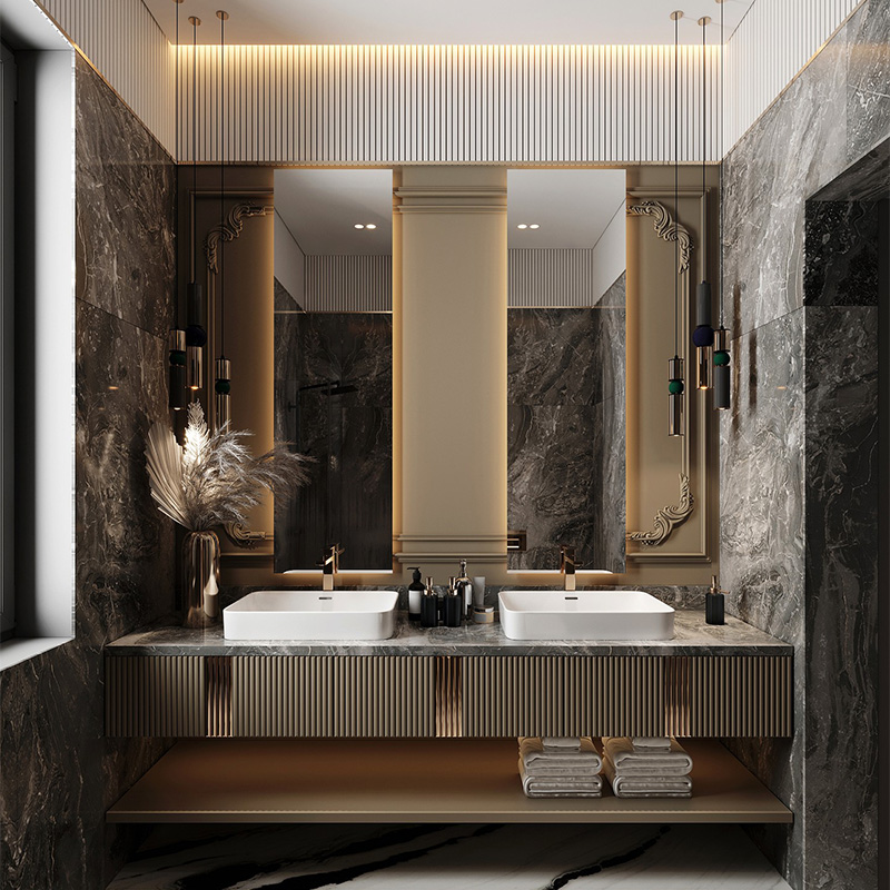 European Style Modern Floating Bath Top Double Sink Bathroom Vanity Cabinet Sets With Sink