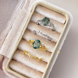 Anillos de Piedras Preciosas Recién Llegados, Latón Chapado en Oro de 18K, Piedra Natural, Ágata Verde Musgo, Juego de Dos Anillos de Dedo para Mujer, para Boda - Product Image 2
