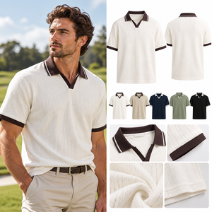 Polo en maille pour homme blanc, manches courtes, col contrastant, sans boutons, style Old Money, décontracté, haute qualité - Product Image 1