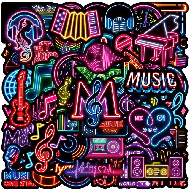 2026 Newly 50PCS Fashion neon style hip hop music rock and roll musical sticker