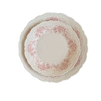 Service de table rétro de luxe léger en céramique bleu et blanc à motif végétal 'French Dream' - Assiette, bol, tasse à café et soucoupe - Compatible micro-ondes