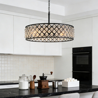 Luminaire suspendu rond en cristal à 8 lumières avec cadre en métal noir pour salle à manger, îlot de cuisine