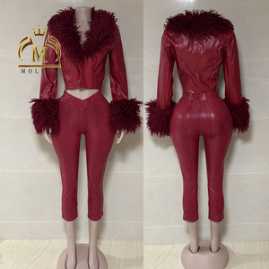 Neu eingetroffen: Damen-Outfit, Kunstleder-Crop-Jacke mit Kunstfell und Schlangen-Leggings, zweiteiliges Set, sexy Club-Vintage-PU-Zweiteiler für Damen - Product Image 2