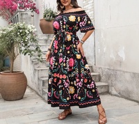 Vestidos de Verano para Mujer Tallas Grandes al por Mayor, Vestido Maxi con Hombros Descubiertos, Estampado Floral Étnico, Cintura Natural Fruncida, Estilo Vacacional con Volantes