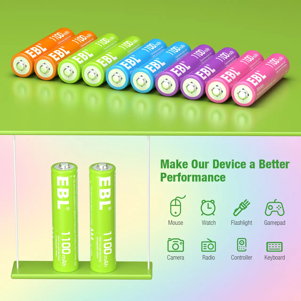 Pacchetto di batterie NIMH cilindriche 1100mAh ricaricabili colorate per bambini all'ingrosso 1.2V
