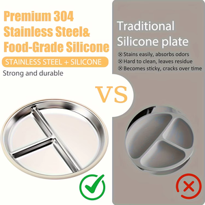 Juego de 5 utensilios de alimentación para niños, plato dividido, babero, tazón, cuchara, tenedor, libre de BPA, silicona duradera, fuerte succión, juego de cena para bebés - Product Image 5