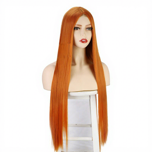 Peluca sintética de encaje frontal con cabello largo y liso para mujer europea y americana, resistente al calor, con raya al medio, estilo natural. - Product Image 2
