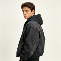 Blouson Bomber Matelassé en Jean Noir pour Homme, Col Montant, Écologique, Coupe-Vent, Style Décontracté Urbain, Personnalisable OEM ODM