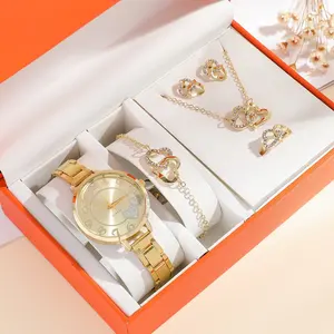 Fashion New 5Pcs/Set Lady's Watch Set Gold Heart Diamond Luxury Steel Belt Women's Necklace Earring Bracelet Jewelry Watch Set