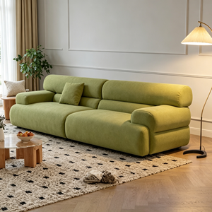 Canapé d'angle moderne et minimaliste en tissu bouclé vert avec accoudoirs rembourrés, pieds en bois et dossier coussiné pour salon - Product Image 5