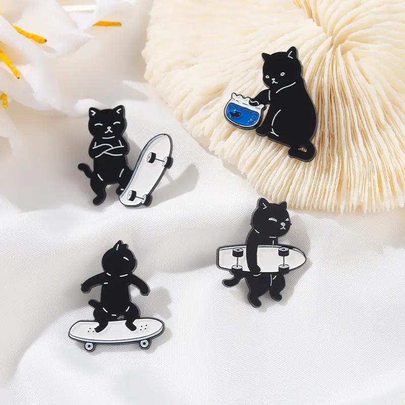 Cartoon Funny Animals Zinc Alloy Badge Brooch Lapel Pins Jeans Bag Accessories Cute Black White Cat Enamel Pin
