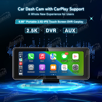 Caméra de tableau de bord portable à double canal avec écran IPS avant 1024x600, Carplay, Android Auto, sans fil, écran tactile 6,86 pouces, caméra de recul, carte SD
