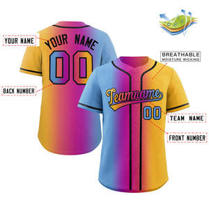 Camiseta de béisbol auténtica de moda con degradado personalizado en azul claro, morado, rosa y amarillo - Product Image 2