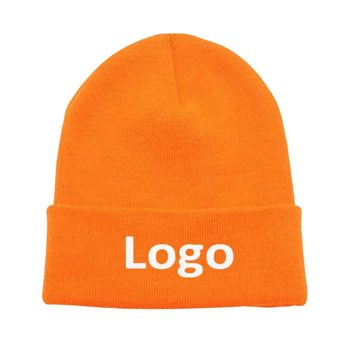 Topi Beanie Rajut Lembut Akrilik Hangat Uniseks, Topi Beanie Oranye Polos dengan Logo Anda Sendiri Musim Dingin