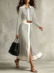 Robe chemise rayée géométrique pour femme, robe midi à manches longues avec col à revers et ceinture, robe élégante de bureau style A-line - Product Image 3