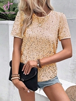 Loveda Precio al por Mayor Ropa de Mujer Color Sólido Sexy Estilo Picante Casual Camiseta de Lentejuelas de Manga Corta Holgada