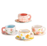 Tasses à café en céramique peintes à la main, mignonnes, personnalisées, en forme de tulipe, avec soucoupe, pour thé au lait.