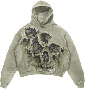 Felpa <span class=keywords><strong>con</strong></span> Cappuccio da Uomo DCY in Cotone, Lavaggio Acido, Design Vintage <span class=keywords><strong>con</strong></span> Grafica <span class=keywords><strong>Scheletro</strong></span>, Pullover Pesante - Product Image 4