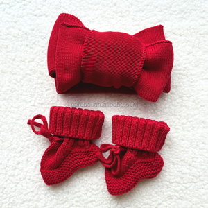 Trẻ Sơ Sinh Màu Đỏ Đầu Tiên Giáng Sinh Lớn Đan Pom Pom Beanie Hat Bow Và Vớ 3Pcs Thiết Lập Cotton Đan Phụ Kiện Bé Headband Booties Cap - Product Image 6