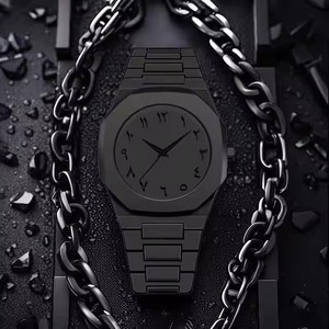 Ensemble cadeau 1158 Cs008, quatre pièces, bagues, bracelets, colliers noirs, montre à quartz musulmane sans boîte, montre arabe en plastique Aura pour hommes - Product Image 3