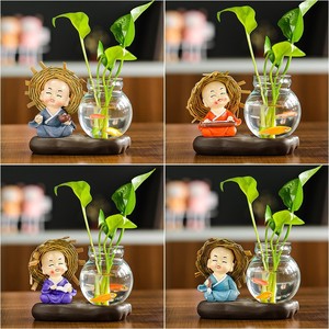 Vase hydroponique artisanal en résine avec quatre moines et lierre vert, décoration de table pour la maison, le bureau, style zen asiatique, cadeau artisanal - Product Image 5