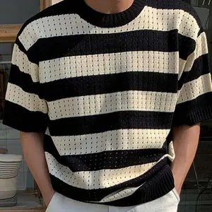 Nouvelle mode vêtements pour hommes 2023 pull été à manches courtes tricots hommes bicolore épaule tombante haut en tricot pointu