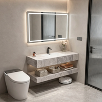 Meuble-lavabo de salle de bain moderne pour hôtel, double couche en pierre frittée, résistant aux rayures, avec miroir LED, direct usine OEM/ODM