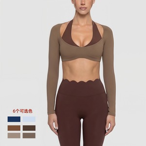 Haut <span class=keywords><strong>de</strong></span> sport deux pièces color block pour femme, à manches longues et col licou, idéal pour le Pilates et le yoga, coupe ajustée, anti-transpiration et infroissable, pour le fitness - Product Image 2