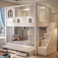 Lit superposé pour enfants avec escalier de rangement et toboggan pour chambre à coucher, lit gigogne blanc avec tiroirs, étagère façade maison, mobilier enfant