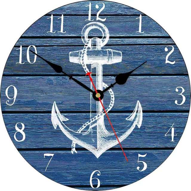 Mediterranean Sea Anchor Pattern Wooden Silent Wall Clock Second-Sweep Movement World Time Display for Living Room Home Decor