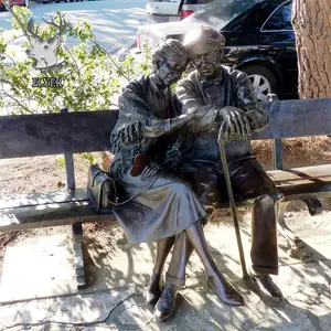 Outdoor Decoration Metal Human Figure Sculpture Life Size Old Couple Sit On Bench Bronze Statue