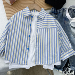 Tongxingyuan Boys Striped Shirt Cotton Woven Autumn 2024 Spring Fall Kids Top Blue White Stripes NT286 - Product Image 2