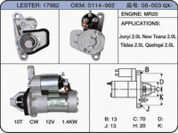 23300-CJ70A Motor de Arranque Nuevo de Alta Calidad para Sylphy 2.0, Nissan Sentra B17, Motor MR20DE, 12V 1.4KW, OEM, Garantía de Fábrica de 12 Meses