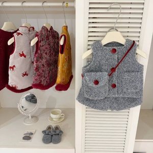 Qianjinfeng Baby Girls Gray Wool Vest And Shorts Set Thickening Winter Outfit For New Year - Product Image 2
