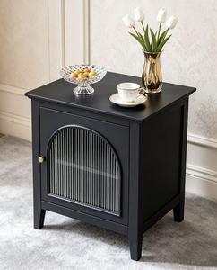 Modern Black Solid Wood Nightstand,Arched Fluted Glass Door Brass Knob Tapered Leg Bedside Cabinet for Bedroom <b>Night</b> <b>Stand</b> - Product Image 4