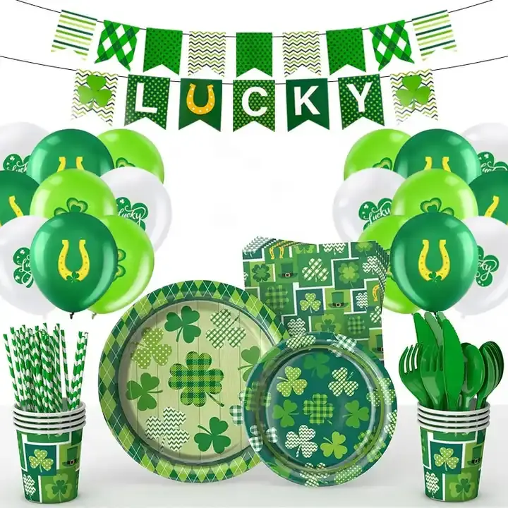 St Patrick Day Tableware Set Lucky Green Shamrock Theme Party Paper Plate Set Irish Festival Party Ornament