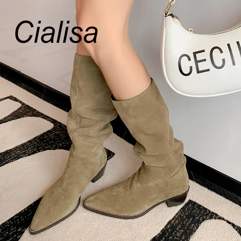 Cialisa 2022 New Cow Suede Mid-calf Boots Pointed Toe Square Mid Heels Western Cowboy Boot Autumn Winter Woman Shoes