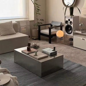 Mesa de Centro Moderna de Acero Inoxidable con Acabado Mate Cepillado, Mesa de Té Cuadrada para Sala de Estar, Duradera y Fácil de Limpiar - Product Image 1