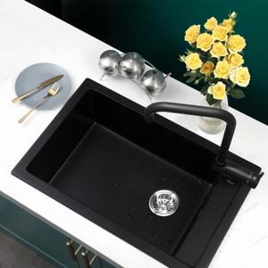 Fregadero de cocina negro de cuarzo de una sola cuenco para lavar verduras y platos con grifo lateral - Product Image 1