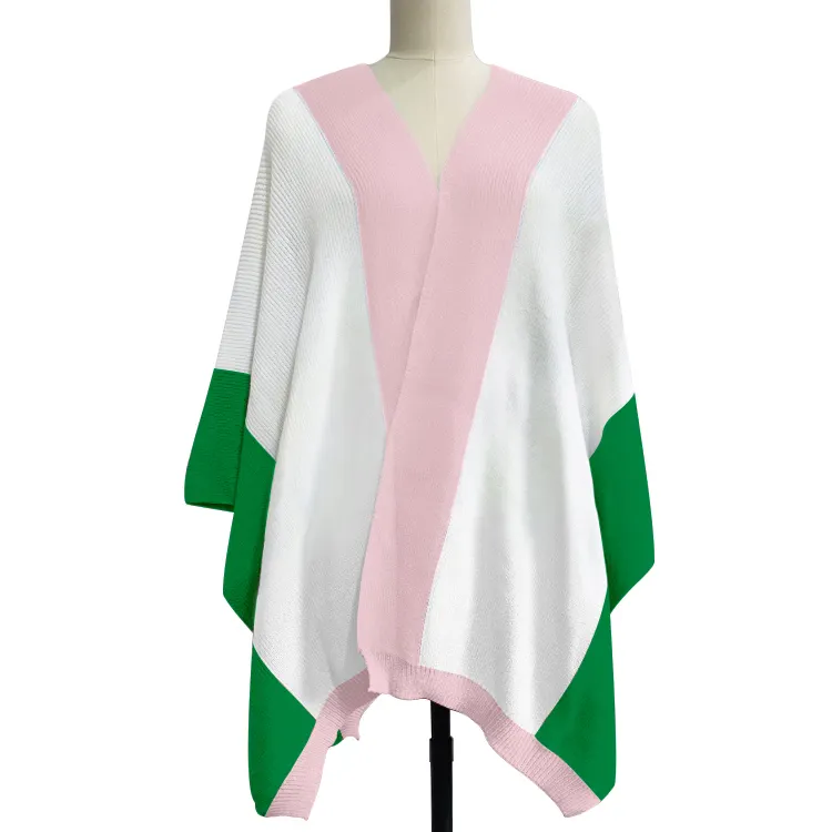 Custom Oem Odm Logo Sorority Poncho Suéter Verde Rosa 100% Acrílico Mujeres Long Knit Shawl Sweater