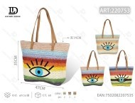 Borsa Tote in Paglia da Donna, Stile Estivo, Casual da Spiaggia, con Stampa a Righe e Design a Occhio, Grande Capacità, Apertura Superiore, Due Manici - Product Image 1